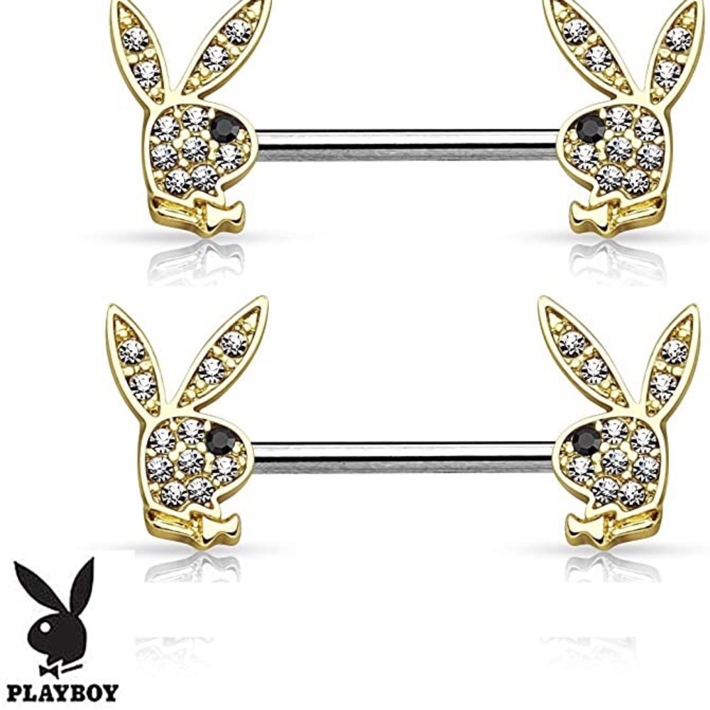 Gold Crystal Paved Playboy Bunny Nipple Ring Set